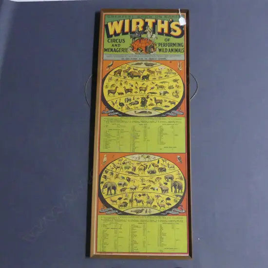 VINTAGE FRAMED WIRTH CIRCUS ANIMAL SIGN, 1000 x 350mm