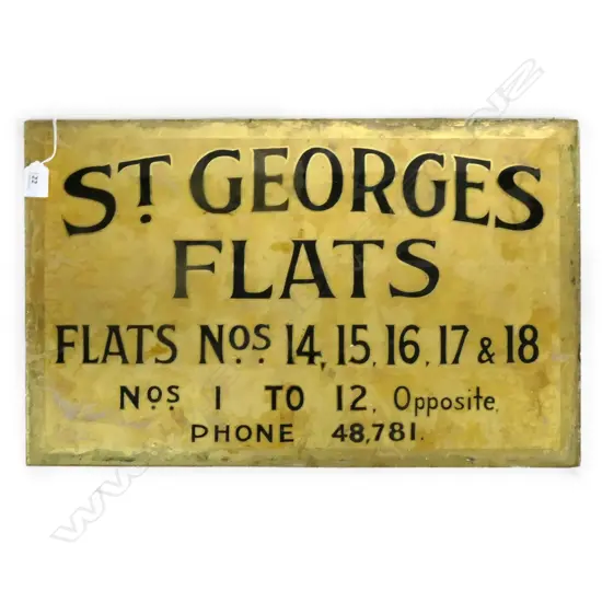 'ST GEORGES FLATS' REVERSE PAINTED & GILDED BUILDING SIGN. 360 x 560mm