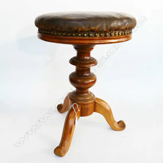 WALNUT TRIPOD BASED ADJUSTABLE STOOL with LEATHER TOP