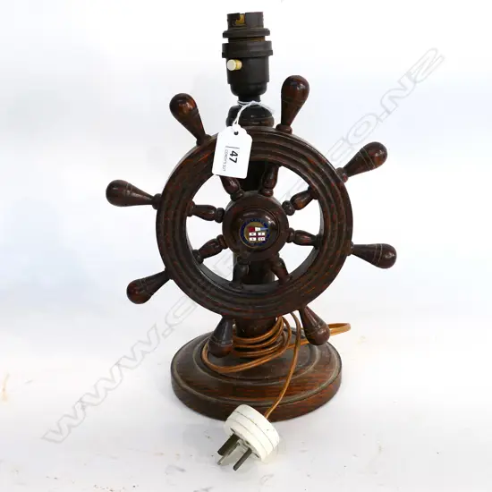DECORATIVE OAK SHIPS' WHEEL TABLE LAMP w NZSCo M.V. RUAHINE ENAMEL BADGE. H.280mm