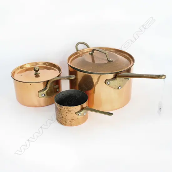 3 GRADUATED ST.CLAIR BRAND COPPER SAUCEPANS