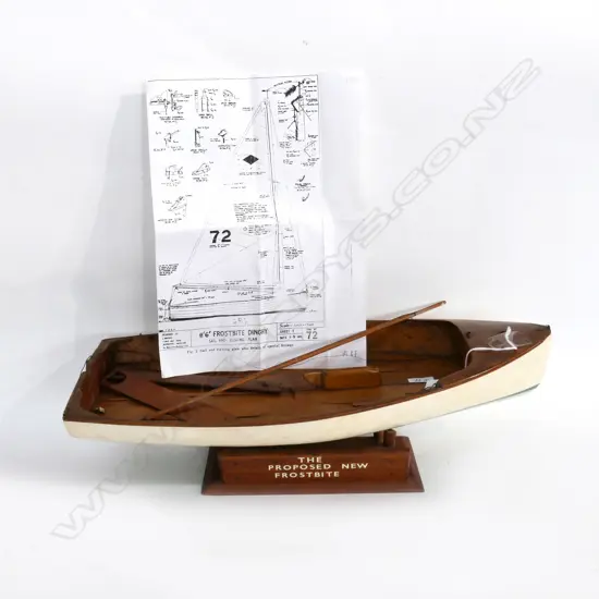 (M87) * SEE CATALOGUE UPDATE* MODEL OF FROSTBITE DINGY, ON CRADLE. DESIGNED  BY J BROOKE 1944. SEE PLAN. L.440mm