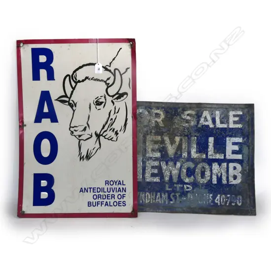 2 TIN SIGNS 'FOR SALE, NEVILLE NEWCOMBE' & 'R.A.O.B' (PAINTED ON TIN) TALLEST 600mm
