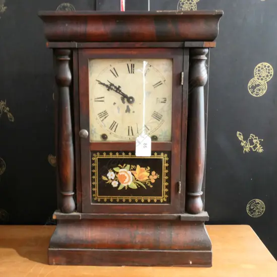 (H37) MANTEL PICTURE CLOCK  WITH STRIKE.ORIG PAINTED GLASS DOOR.