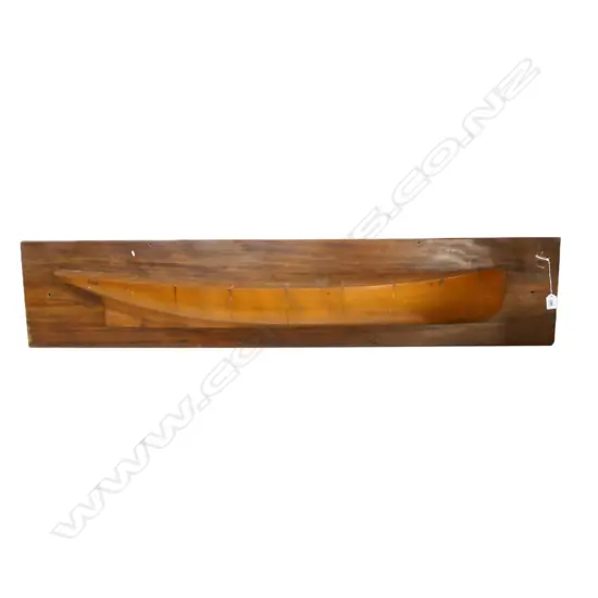 LARGE HALF TIMBER SHIP HULL, KAURI ON CEDAR BACK BOARD. L.1300mm