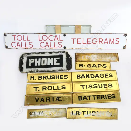 REVERSE GILDED & PAINTED GLASS CABINET SIGNS; REVERSE SILVERED 'PHONE' SIGN; & ENAMEL TOLL/LOCAL  CALLS/TELEGRAMS