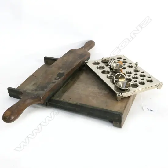 S MAY & SON, LONDON 5 GRAIN PILL ROLLER, MAHOGANY & BRASS. L.330mm & CHROME 3-FOLD CACHET-MAKING MACHINE...