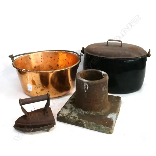 COPPER PRESEERVING PAN; ENAMEL STELL POT, FLAT IRON & CAST IRON MAST 'STEP'