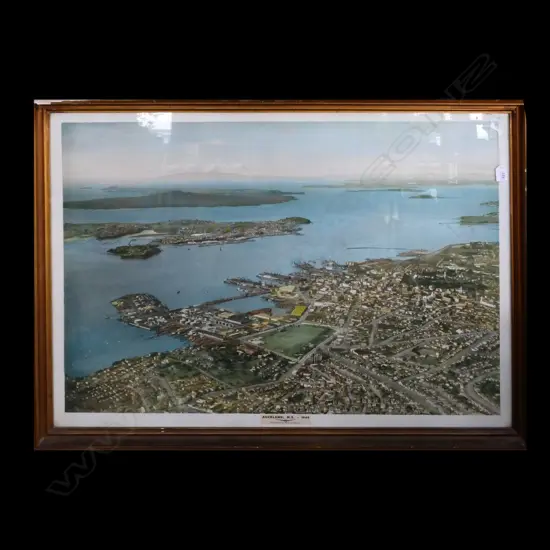 LGE HAND/COL WHITES AVIATION PHOTO, AUCKLAND WESTHAVEN TOWARDS DEVONPORT AND RANGITOTO. 1946. FRAME DAMAGED. 970x 730mm