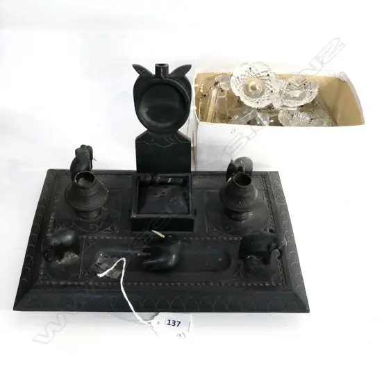 INDIAN EBONY DESK STAND (FAULTS) L.260mm & CANDELABRA CRYSTAL DROPS