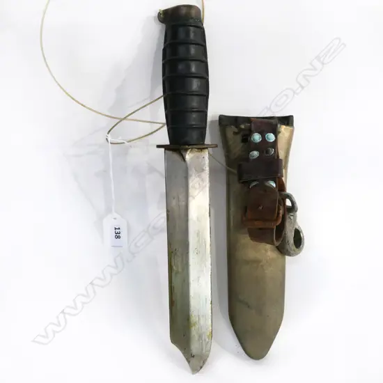 VINTAGE RUBBER HANDLED DIVER'S KNIFE, IN BRONZE SCABBARD w LEATHER HANGER. SINGLE EDGE BLADE w CLIPPED POINT. L.320mm