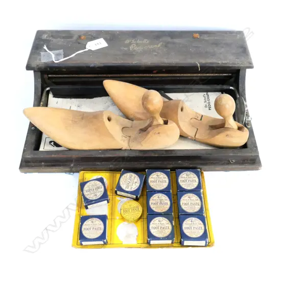DR. SCHOLL'S PED-O-GRAPH (L.390mm), PR.WOODEN SHOE TREES, AMOVON 'FOOT PASTE' DISPLAY CARD (MOST IN ORIGINAL BOXES