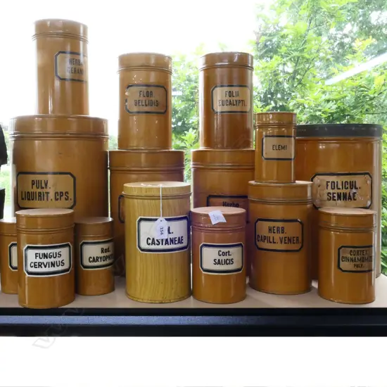 (P38) 15 METAL DRUG CONTAINERS, VARIED SIZES, FAUX GRAIN PAINTED. GERMAN. TALLEST 330mm