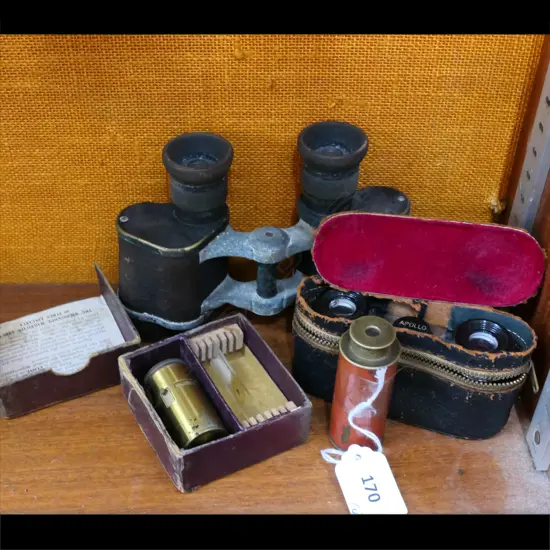 FIELD GLASSES; CASED OPERA GLASSES & EDWARDIAN MONOCULAR MICROSCOPE & POCKET TELESCOPE
