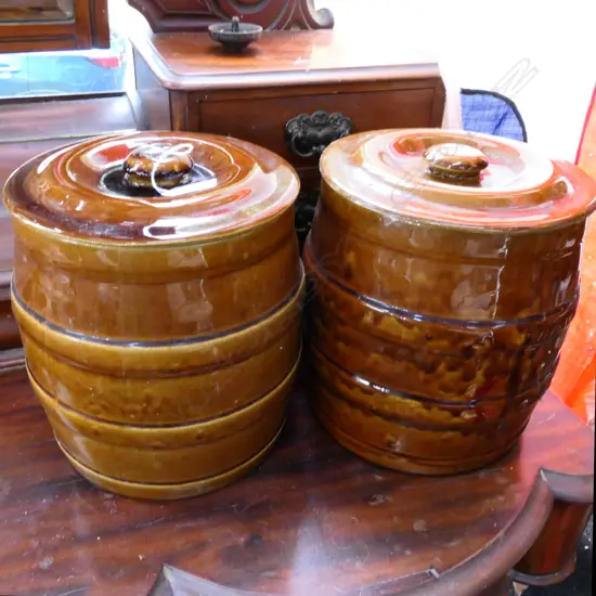 2 LIDDED SALT GLAZE CROCKS. H.220mm