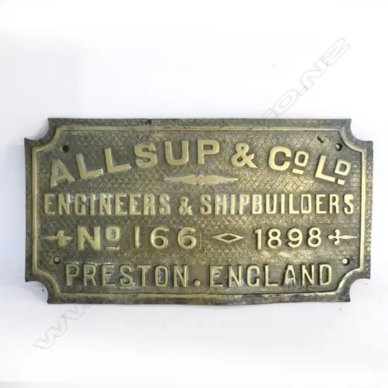 (M62) BRASS 'ALLSUP & Co. ENGINEERS & SHIPBUILDERS, No.166 - 1898' ' PLAQUE. L.370mm