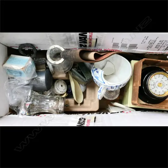 BOX OF ASST CONDIMENTS, RAZOR STROP, VINTAGE 'OWL' VEHILCLE ALARM HOOTER