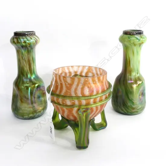 PR SILVER RIMMED ART NOUVEAU GLASS VASES H.180mm & THREE LEGGED GLASS VASE