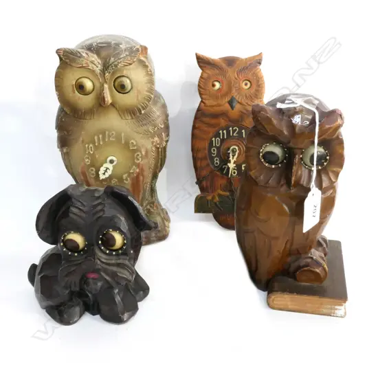 3 WOODEN NOVELTY OWL MOVING EYE CLOCKS H.220mm & SIMILAR DOG CLOCK