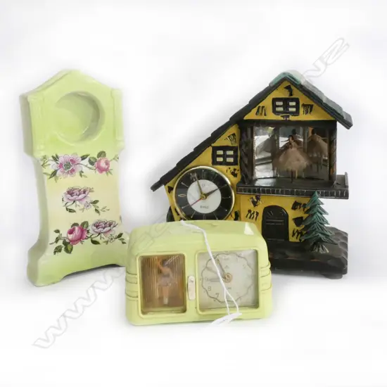 2 NOVELTY BALLERINA CLOCKS & PORCELAIN POCKET WATCH STAND (AF) H.210mm