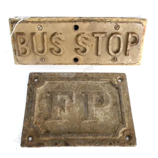 METAL BUS STOP' SIGN ON WOODEN BACKING & OLD FP FIRE POINT SIGN