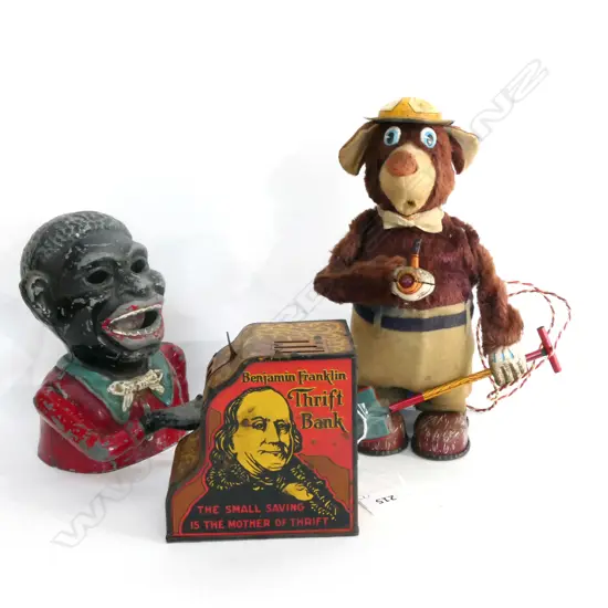 JAPANESE BATTERY OP 'PIONEER BEAR', LOUIS MARX TIN PLATE CASH REGISTER MONEY BOX & CAST IRON MONEY BOX