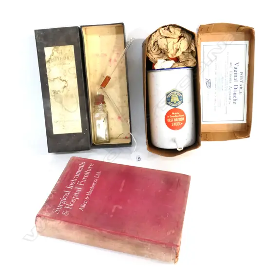 SURGICAL INSTRUMENTS & HOSPITAL FURNITURE' BOOK; ENAMEL DOUCHE & 'MAYFAIR INSUFFLATOR'