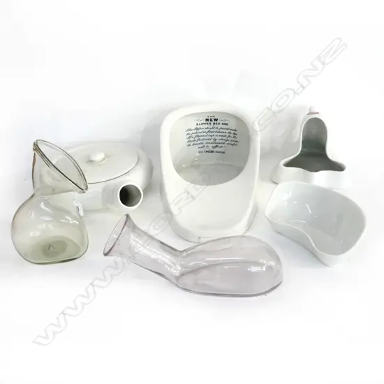 6 VARIOUS GLASS AND PORCELAIN BEDPANS