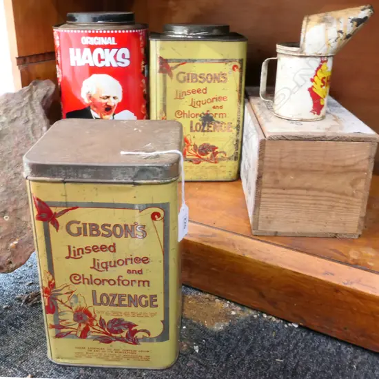 SEL OF 5 ASST TINS, WOODEN SOAPBOX & SHELL OIL CAN.