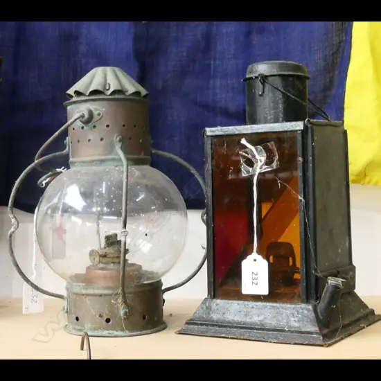 (M24) TOM BOLLINS LAMP CLEAR GLASS, SMALL & ANOTHER SQUARE w RED AMBER GLASS H.240mm