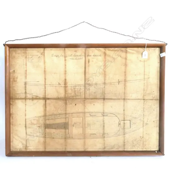 (M63) DESIGN DRAWING ON LINEN FOR THE '25 FOOT TURNABOUT LAUNCH' DISTRESSED. 800 x 570mm