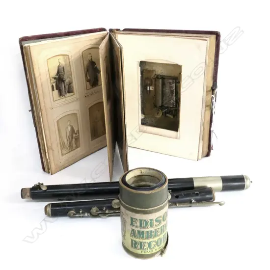 VICT MUSICAL PHOT0 ALBUM (DISTRESSED) AMBEROL RECORD & WOODWIND INSTRUMENT