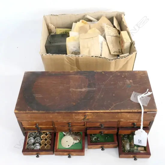 MINATURE CHEST (W.270mm) w WATCHMAKER'S PARTS & BOX SUNDRY WATCHMAKERS PARTS