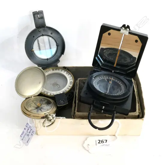 MILITARY BLACK LACQUER MARCHING COMPASS, PLASTIC CASED MARCHINNG COMPASS, U.S WWII POCKET COMPASS & BRASS CASE COMPASS
