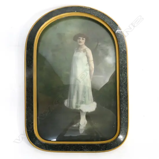 EDWARDIAN CONVEX GLAZED HAND COLOURED PORTRAIT PHOTO. H.570mm