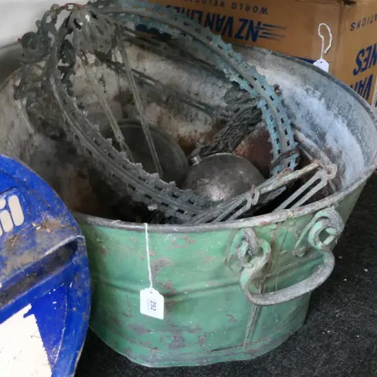 HANGING KERO LAMP (IN PARTS) & GALVANIZED IRON, GREEN PAINTED TUB