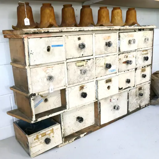 DISTRESSED PAINTED DRAWERS & FRAME FROM A VICTORIAN CHEMIST'S 'DRUG RUN' (CHEST) W.1080mm