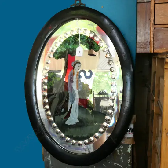 ANTIQUE CHINESE REVERSE PAINTED OVAL MIRROR w BULLSEYE CUT BORDER. H.580mm