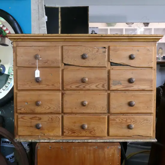 12 DRAWER PINE CHEMIST'S 'DRUG RUN' CHEST. W.750mm