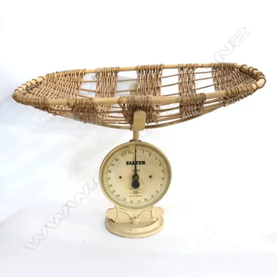 (P28) SET OF SALTER BABY SCALES, WITH CANE BASKET. TO WEIGHT 22lb by 1oz. H.410mm