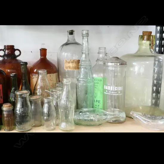 LGE QTY GLASS DEMIJOHNS, COKE BOTTLE & ASST VINTAGE BOTTLES