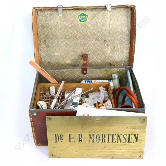 DR. L. R. MORTENSEN'S LEATHER DOCTOR'S KIT, BRASS NAME PLAQUE, ETC.