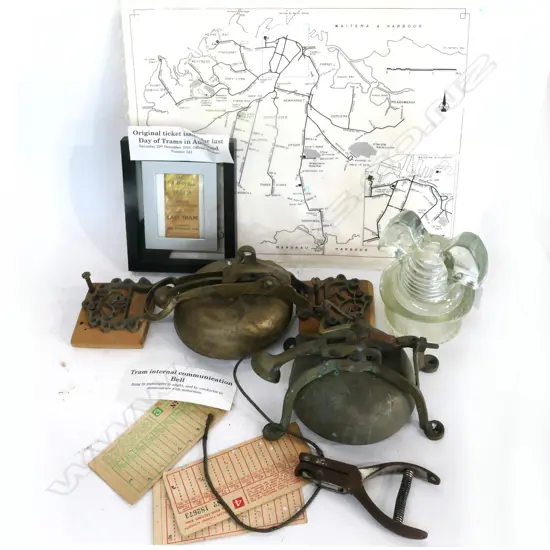 TRAM INTERNAL COMMUNICATOR BELL, GLASS INSULATOR, COMMEMORATIVE LAST TRAM TICKET, ETC.