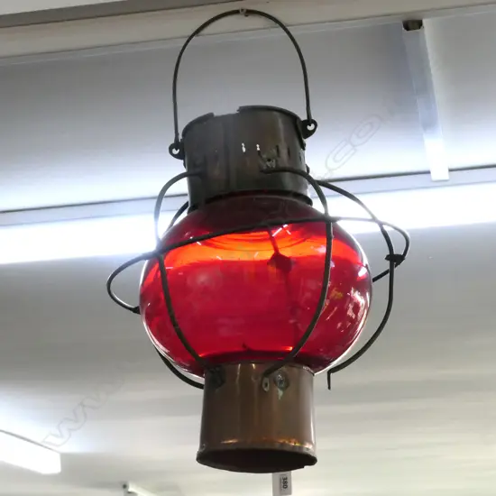 TOM BOLLINS HANGING LAMP, RED GLASS. AF. H.530mm