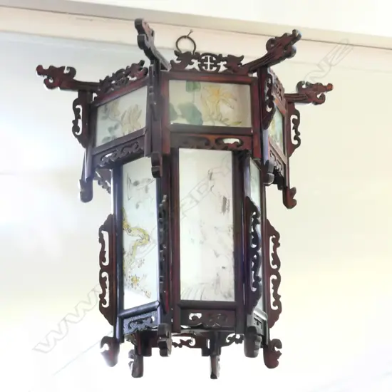 CHINESE HEXAGONAL HANGING LANTERN, WOOD FRAME PAINTED GLASS. H.510mm