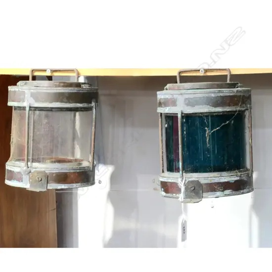 PAIR COPPER SHIP LAMPS. “ANCHOR AND TRAWLING. MADE BY G. GILLARD, AUCKLAND.” H.220mm