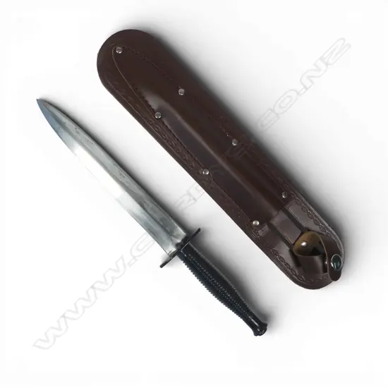 Replica Fairbairn-Sykes 3rd Pattern Commando Knife marked FR693 at the pommel,