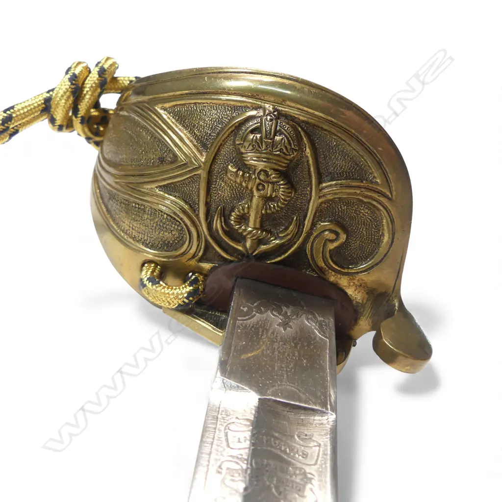 1827 Patt. British Naval Officers Sword by Henry Wilkinson, London, c.1901. 31 ½" slightly curved, flat-back spear-point blade with profuse engraving. Image 1++