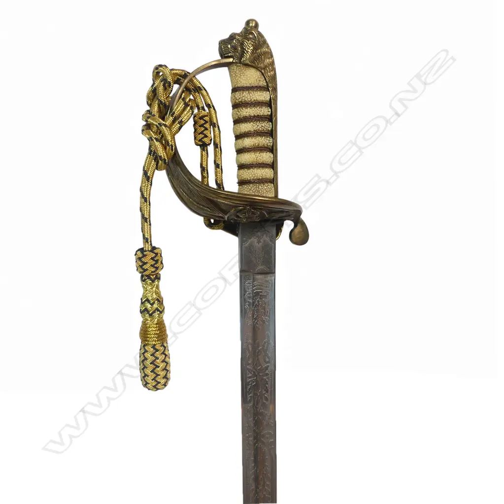 1827 Patt. British Naval Officers Sword by Henry Wilkinson, London, c.1901. 31 ½" slightly curved, flat-back spear-point blade with profuse engraving. Image 1++