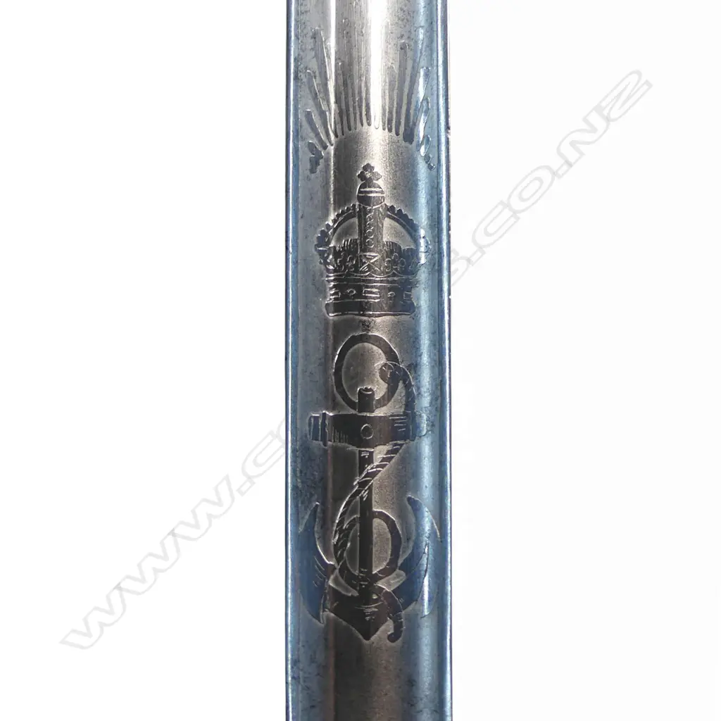 Royal Naval Reserve 1827 Pattern Officers Sword, 32 ½" narrow flat-back blade etched on the ricasso 'Gieves, Portsmouth, London, Edinburgh & Devonport'. Inset proof disc 'P'. Image 1++